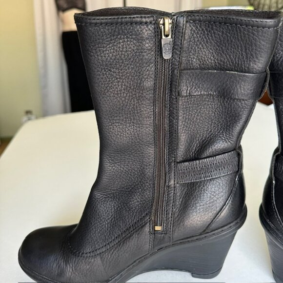 Timberland Stratham Height Mid wedge Black Leather boots, size 9.5W - Picture 2 of 10